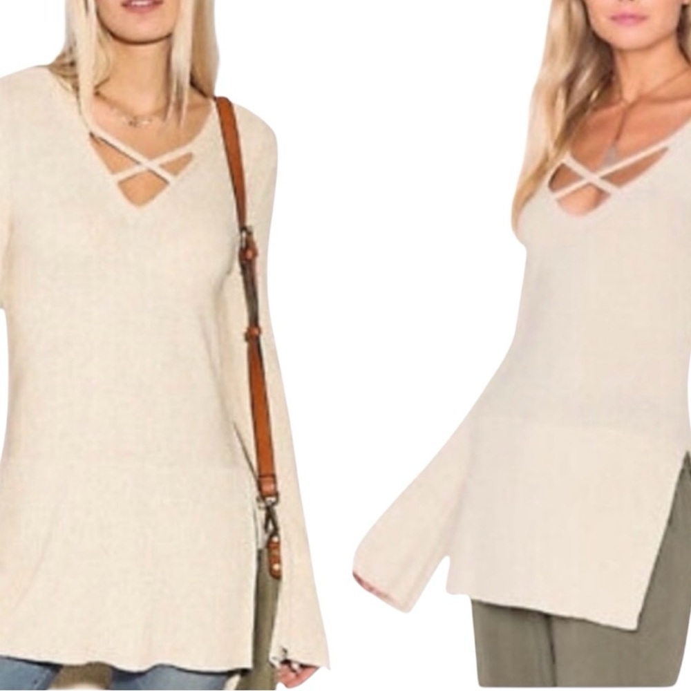 Free People Cream Crisscross V-Neck Sweater